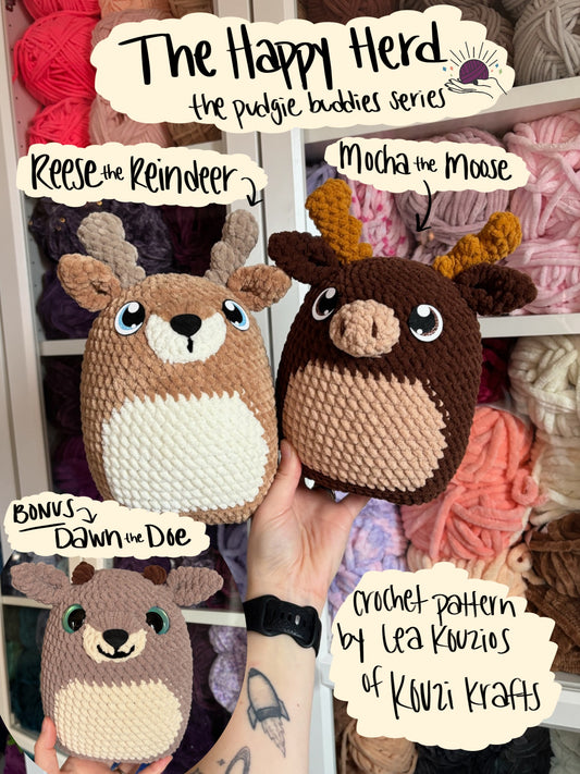 The Happy Herd 3-in-1 Mocha the Moose, Reese the Reindeer & Dawn the Doe Crochet Pattern DIGITAL DOWNLOAD